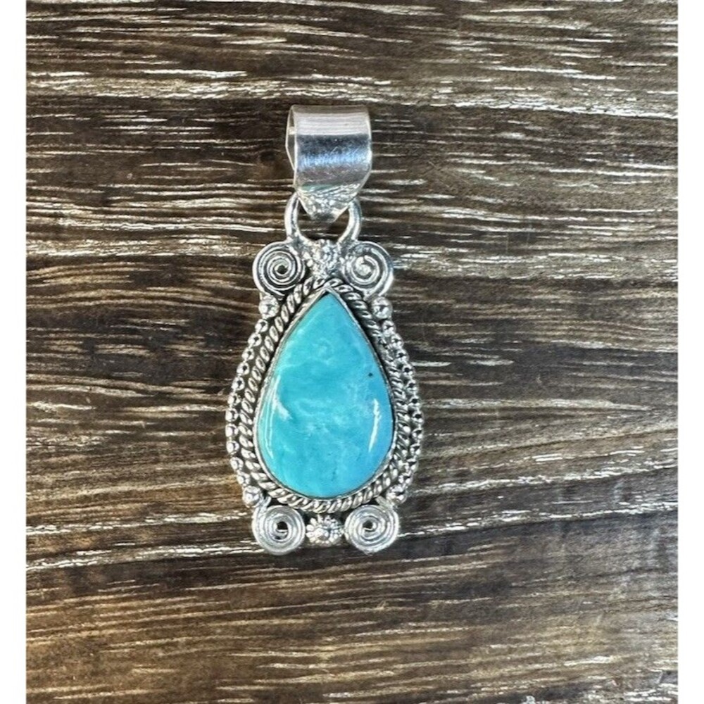 Native Southwest Style Sterling Silver White Water Turquoise Swirl Edge Pendant